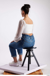 Whole Body Woman White Casual Slim Sitting Studio photo references